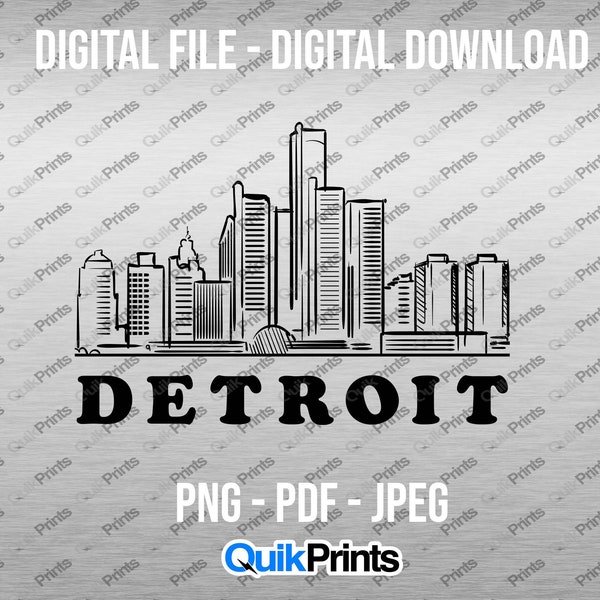 Detroit Skyline - Detroit Michigan - Digital Download - PNG, Jpeg and PDF file