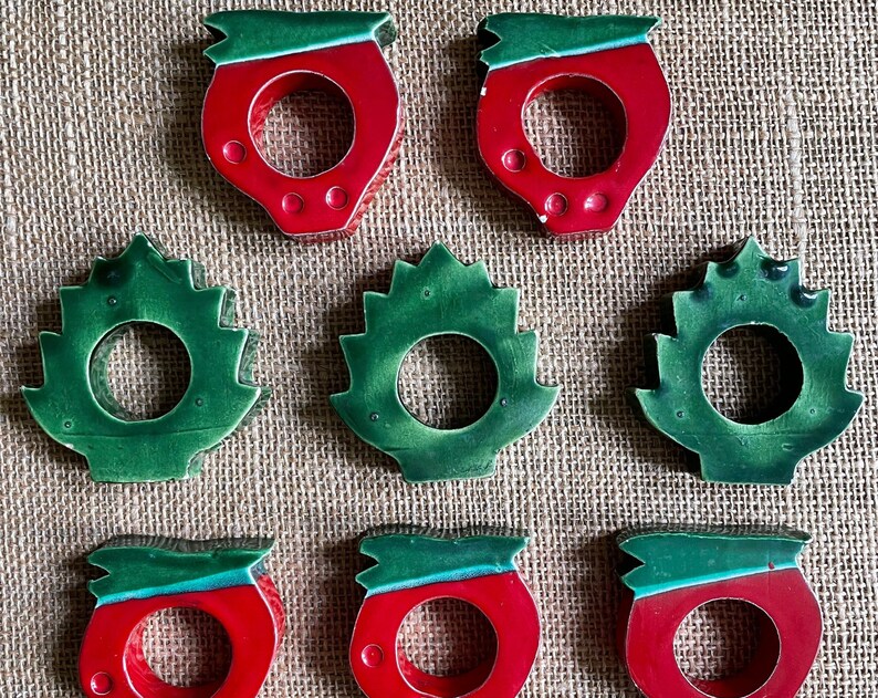 Assembled Set of 8 Vintage Glazed Pottery Napkin Rings Strawberry and Leaf Design