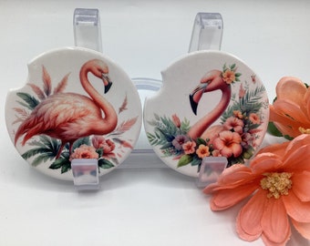 flamingo car drink coasters, set of 2.