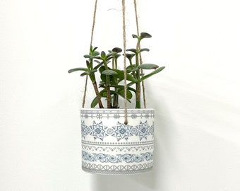 Hanging Planter Pot, Blue Safflower Print, Large - Wall Planter – Wall Décor - Decorative Homeware – Handmade – Porcelain – Unique Gift