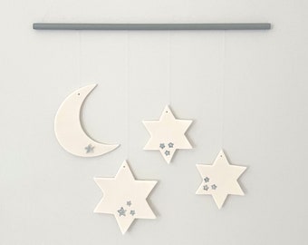 Stars & Moon Mobile, Grey - Nursery Decor, Baby, Neutral, Porcelain Wall Hanging, Handmade, Star mobile, Porcelain Hanging Mobile, baby gift