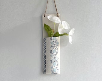 Narrow Wall Hanging Pocket Planter - blue design 1 - wall planter - wall vase - decorative homeware - handmade - porcelain - gift for mum