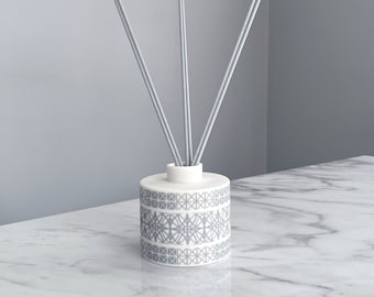 Handmade Porcelain Diffuser Pot: Grey Architecture Print, Includes 6 Reeds