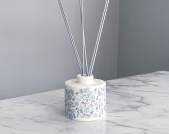 Handmade Porcelain Reed Diffuser Pot: Blue Daisy Print, Homeware Decor, Gift inspiration
