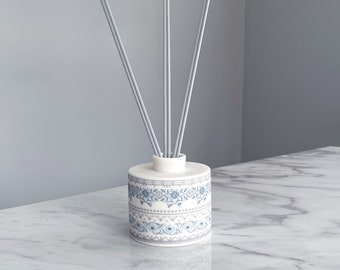 Handmade Porcelain Diffuser Pot: Blue Safflower Print, Includes 6 Reeds