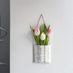Handmade Porcelain Wall Pocket Planter: Blue Fusion Print Vase, Gift inspiration
