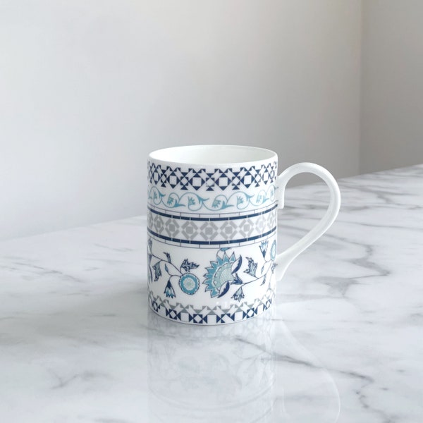 Blue Fine Bone China Mug - Jasmine Stripe, Small, Made in Stoke-on-Trent