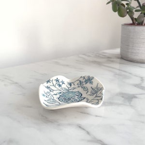 Small Porcelain Jewellery/Trinket Dish - Blue Peony Print, Handmade, Stoke-on-Trent, Decorative Homeware
