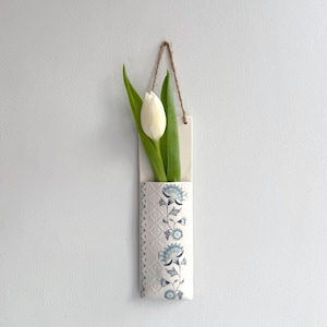 Handmade Porcelain Wall Pocket Planter: Blue Floral Design, Gift inspiration