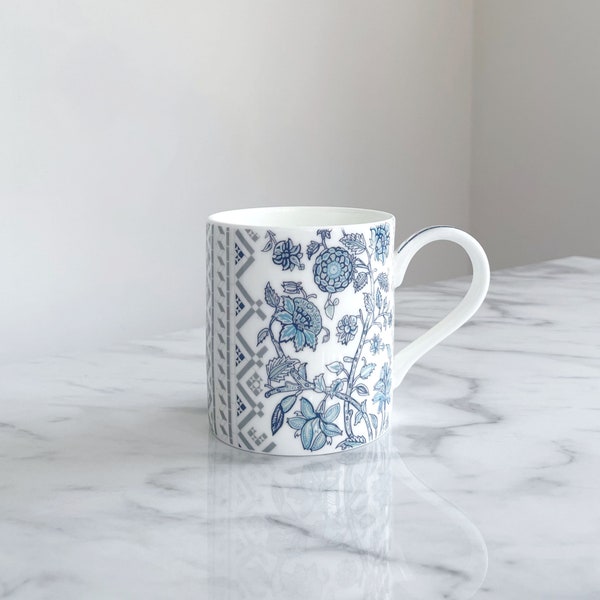 Blue Fine Bone Mug - Camellia Print, Large, Alex Allday Ceramics