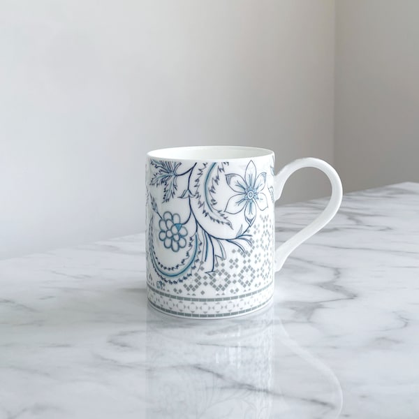 Blue Fine Bone China Mug - Lotus Print, Made in Stoke-on-Trent