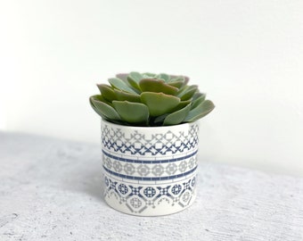 Planter Pot/ Tealight Holder - Blue & Grey victorian tiles print, Large - handmade - succulent pot - decorative homeware - gift - porcelain
