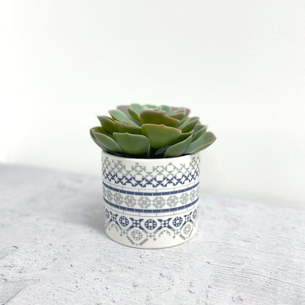 Planter Pot/ Tealight Holder - Blue & Grey victorian tiles print, Large - handmade - succulent pot - decorative homeware - gift - porcelain