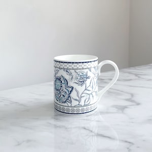 Blue Fine Bone China Mug - Peony Print, Small, Made in Stoke-on-Trent
