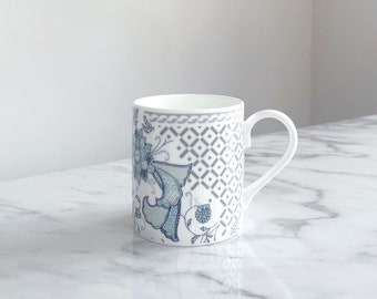 Blue Fine Bone China Mug - Safflower Print, Small, Made in Stoke-on-Trent