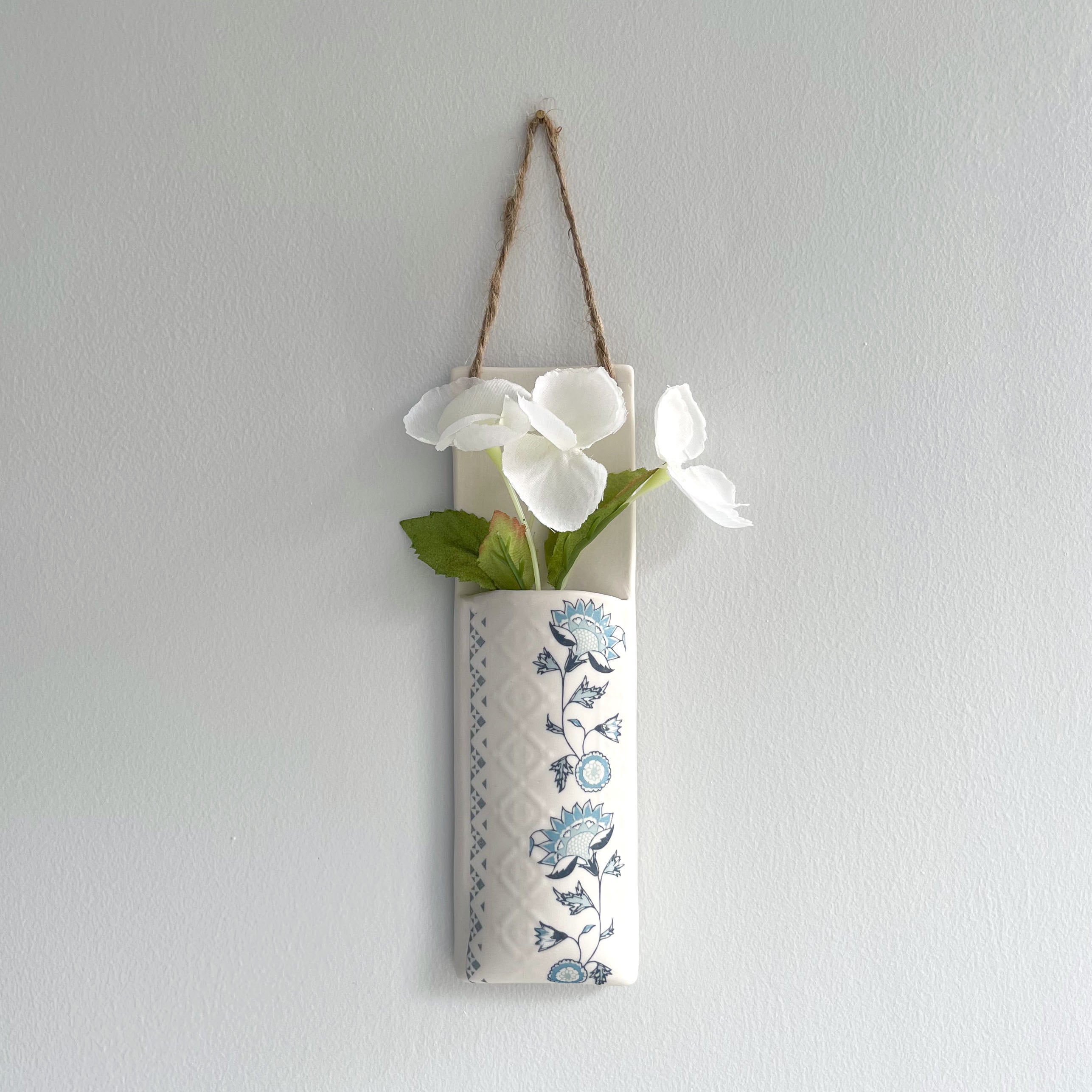 Narrow Wall Hanging Pocket Planter - blue design 2 - wall planter - wall vase - decorative homeware - handmade, porcelain, gift for mum