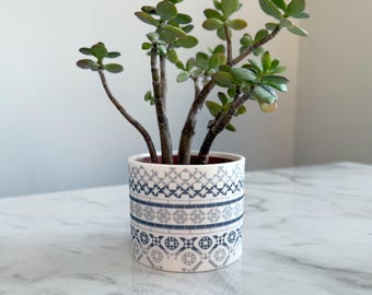 Planter Pot/ Tealight Holder - Blue & Grey victorian tiles print,  - handmade - succulent pot - decorative homeware - gift - porcelain