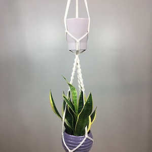 May include: A white macrame plant hanger with two pots. The top pot is white and the bottom pot is a light purple. A green plant with yellow stripes is in the bottom pot.