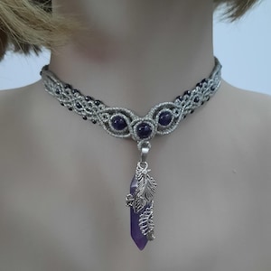 Micro Macrame Choker: Amethyst Pendant, Toho Glass Beads