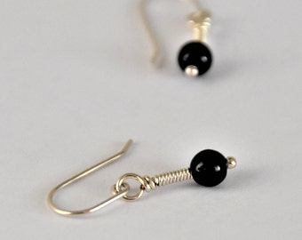 Tiny unique silver earrings, tiny black bead earrings, artsy silver earrings, tiny silver and black bead earrings, artsy, wire wrapping