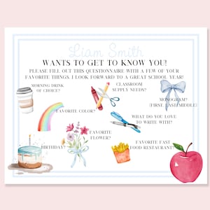 Get To Know The Teacher Questionnaire | Printable & Editable | Watercolor Back to School | 91201