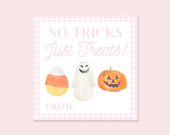 May include: A square, pink gingham-patterned card with the text "NO TRICKS Just Treats!" in pink script. Watercolor illustrations of candy corn, a ghost, and a jack-o'-lantern are below the text. The word "FROM:" is at the bottom.