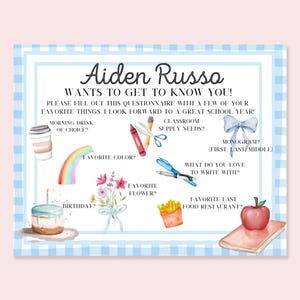 Get to Know the Teacher Questionnaire | Printable & Editable | Watercolor Teacher Favorite Things | Back to School Survey