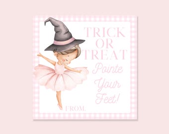 May include: A watercolor illustration of a ballerina wearing a witch hat and a pink tutu. The text reads "Trick or Treat Pointe Your Feet!" on a pink gingham background. The image is a Halloween-themed design.