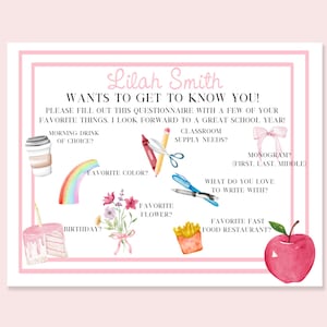 Get To Know The Teacher Questionnaire | Printable & Editable | Watercolor Back to School | 92401