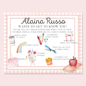 Get to Know the Teacher Questionnaire | Printable & Editable | Watercolor Teacher Favorite Things | Back to School Survey
