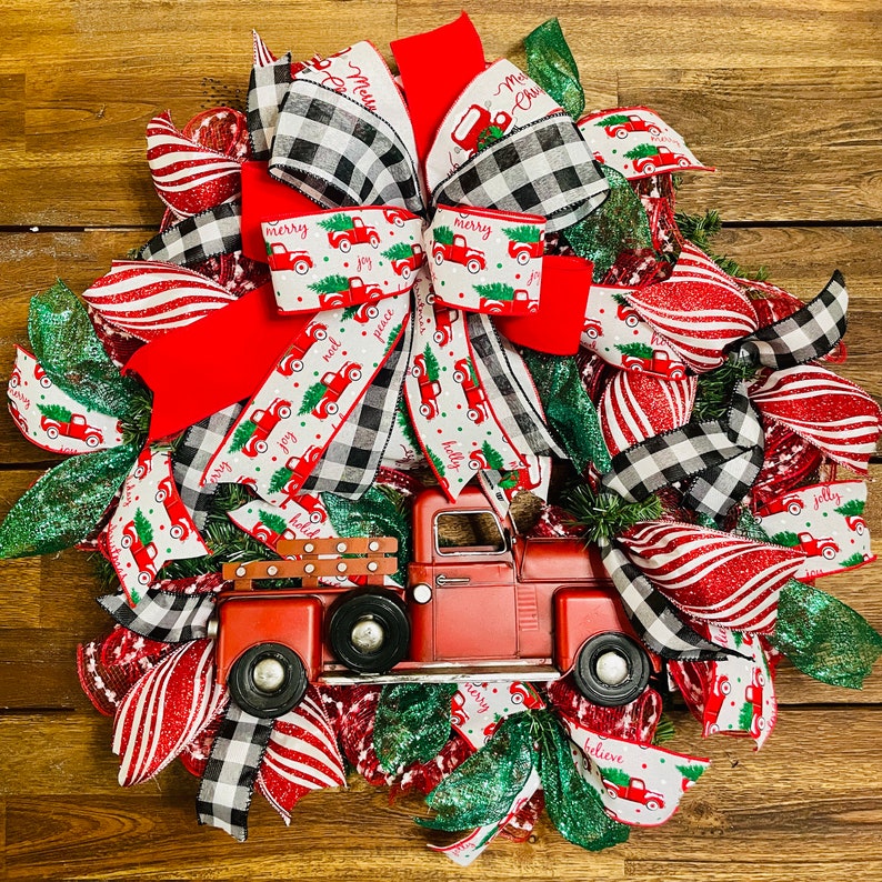 Vintage Red Truck Christmas Wreath, Buffalo check Red truck Christmas Door decor, Red truck shops Holiday decor
