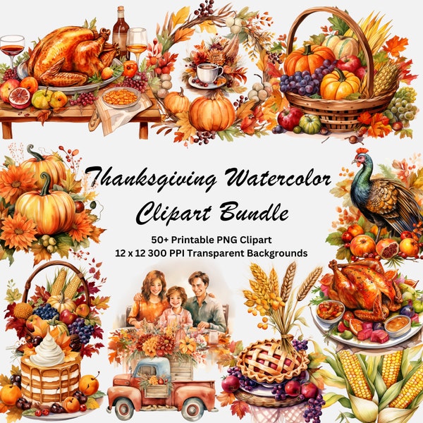 Thanksgiving Watercolor Clipart Bundle | Fall Clipart | Thanksgiving PNGs | Autumn Art | Commercial License | Printable | Digital Download