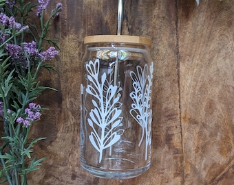 Wild Flower Woman Iced Coffee Glass, Glass Coffee Cup, 16 Oz, Beer Can Glass,  Boho Tumbler, Glass Cups With Lids and Straws 