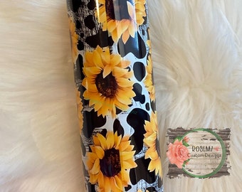 Sunflower and cow print tumbler with optional matching accessories…