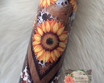Sunflower and cow print v-split 20oz tumbler.