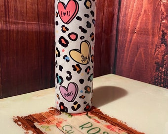Conversation hearts and leopard valentine tumbler