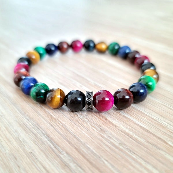 Rainbow multi color Tiger's Eye bracelet, Tiger eye bracelet for Man / Woman 8mm - AAA Grade