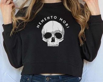 Momento Mori Cropped Sweatshirt, Skull Sweatshirt, Women's Cropped Fleece Pullover