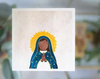 Mary Ever Virgin Illustration, 6x6 inch Catholic Saint Wall Art, Mother Mary Artwork