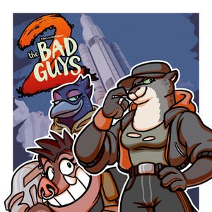 Puede incluir: Ilustración de personajes de la película de animación "The Bad Guys 2". La imagen presenta una nutria gris con una chaqueta, un pájaro azul y un cerdo marrón sosteniendo una llave. El fondo incluye un cohete y el logotipo de la película.