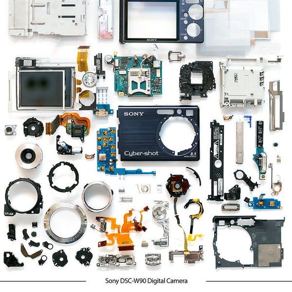 Electronic Parts Art: Digital Camera Exploded View and Arranged—Digital JPG Download