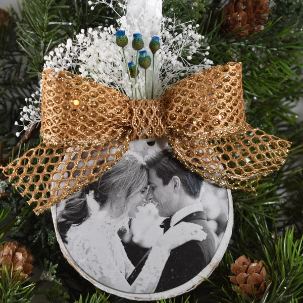 Custom Photo Christmas Ornament with Gold Ribbon, Personalized Photo Gift, white birch with gold ribbon, toy decor