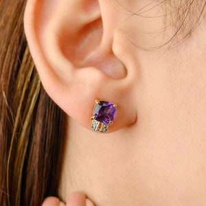 14K Gold Amethyst Diamond Stud Earrings: Purple Cushion Cut Gemstone