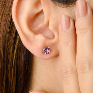 14K Gold Amethyst Stud Earrings: Round Purple Gemstone