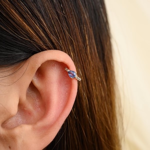 18K Gold Blue Sapphire Earrings- Natural Diamond and Sapphire Helix Earring- Minimal Hoop Earrings- September Birthstone- Best Mom Gift