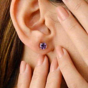 14k White Gold Round Amethyst Stud Earrings: February Birthstone