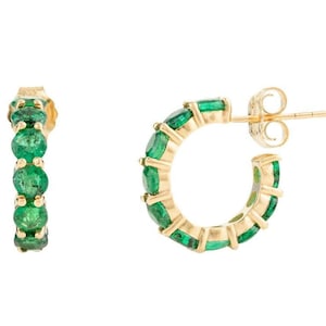Brincos de argola em forma de C com esmeralda e diamante banhados a ouro - Brincos de argola Huggie com cartilagem minúscula - Brincos para uso diário - Melhor presente de aniversário