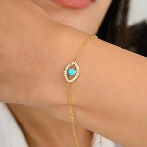 Modern Evil Eye Chain Bracelet In 18K Gold- Turquoise Halo Diamond Lucky Eye Charm Bracelet- Protection Jewelry- Holiday Gift