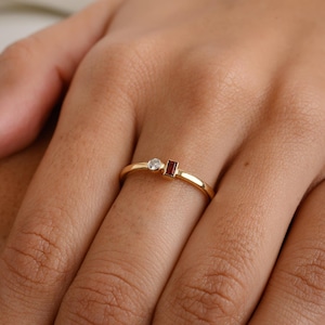 Dainty 14k Gold Garnet Diamond Ring: Baguette Birthstone Jewelry