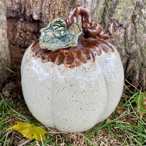 Puede incluir: Una escultura de calabaza de cerámica con un cuerpo brillante de color blanco roto y motas de color marrón oscuro. La parte superior está esmaltada en marrón intenso, con una hoja verde esculpida y un tallo curvo marrón oscuro.